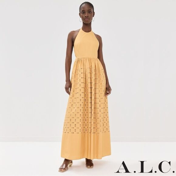 A.L.C. **NWT** Blair Eyelet Halter Cotton Maxi Dress Butterscotch Yellow - Picture 8 of 16